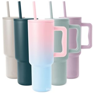 Bouteille d'eau Simple et moderne, gobelet de 40 oz avec poignée et couvercle en paille, tasse de voyage isolée et réutilisable en acier inoxydable, compatible avec les porte-gobelets