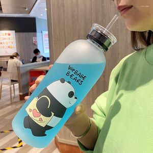 Bouteilles D'eau 1000 ml Panda Ours Avec Paille Tasse Transparent Givré Mignon De Bande Dessinée Bouteille Drinkware Shaker Botella De Agua