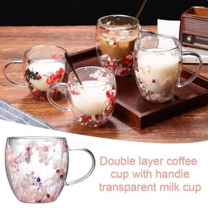 Botellas de agua 250/350 ml de doble capa taza de vidrio de café con mango de flores de cocina de leche transparente suministros para el hogar relleno seco n1f0