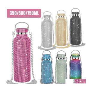 Botellas de agua Bling Diamond Thermos Botella de brillo portátil Crossbody Frasco térmico de acero inoxidable 350 ml 500 ml 750 ml 221018 Drop de Dhpsh