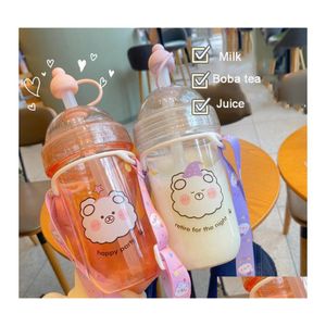 Bouteilles d'eau kawaii bubble lait bouteille de thé avec bracelet pour les filles enfants mignon plastique portable jus de boisson boba tasses bpa 560 ml goutte ot5mh