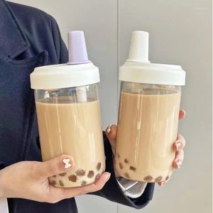 Botellas de agua Kawaii Cat Boba, botella de plástico con pajita, funda de PU, tazas de leche y té con burbujas de café, portátiles, sin BPA