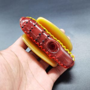Eau drôle Hotdog main Pipe Bongs 4.0 pouces outil de fumage de haute qualité jaune rouge couleur Hot Dog forme tabac herbe sèche verre brûleur à mazout tuyaux cuillère