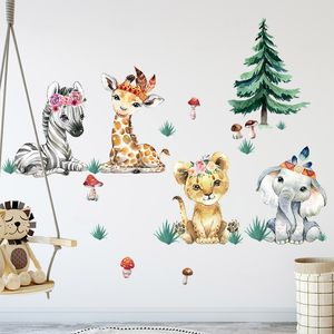 Pegatina de acuarela de dibujos animados de animales de África, pared de pastizales para niños, decoración de habitación de bebé, elefante, pegatinas de jirafa