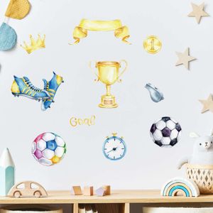 Pegatinas de pared de fútbol con copa de premio de elementos de juego de fútbol en acuarela para habitación de niños, pegatinas de pared de habitación infantil, decoración para sala de juegos de Pvc