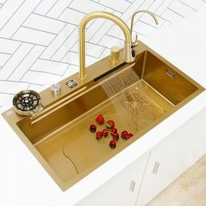 Évier de cuisine cascade évier en acier inoxydable doré évier multifonction grand lave-vaisselle à un seul coup robinet d'évier de lavabo moderne