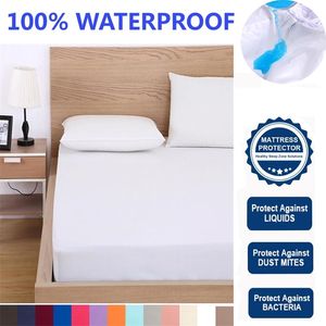 Waterproof Solid Fitted Sheet King Queen Full Twin Single Size Mattress Cover With All-Around Elastic Rubber Band Bed 211106