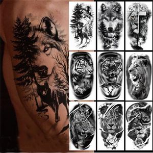 Autocollant de tatouage temporaire étanche forêt Lion tigre ours Flash tatouages femmes léopard loup couronne Art corporel bras faux Tatoo hommes GC2088
