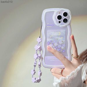 Wave Border Oil Painting Flowers Purple Chain Phone Case para IPhone 14 Plus 13 12 Pro 11 Pro Max XR XS Max Cute Protection Cover L230619