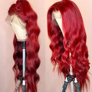Pelucas de cabello humano con frente de encaje de color ondulado Prearrancado Frontal completo Rojo Borgoña Remy Peluca brasileña para mujeres negras