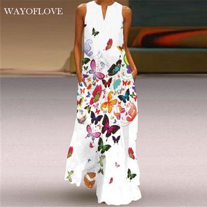 WAYOFLOVE-vestido blanco con estampado de mariposa para mujer vestido largo informal de talla grande sin mangas para playa 2