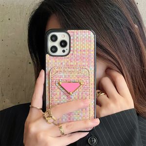 Funda para iPhone 14 11 Pro Max Fundas para teléfonos de diseño para Apple 15 13 12 XR XS 8 7 SE2 Plus Patrón de tejido de cuero de PU de lujo Titulares de tarjetas Bolsillos Fundas traseras móviles Fundas Rainbow