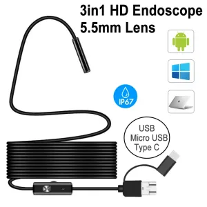 Webcams 5,5 mm 3in1 Endoscope HD CAM CAM IP67 Affichage à 6 étanche 6 pour les voitures Smartphone industriel mini caméra USB Type C MicrousB