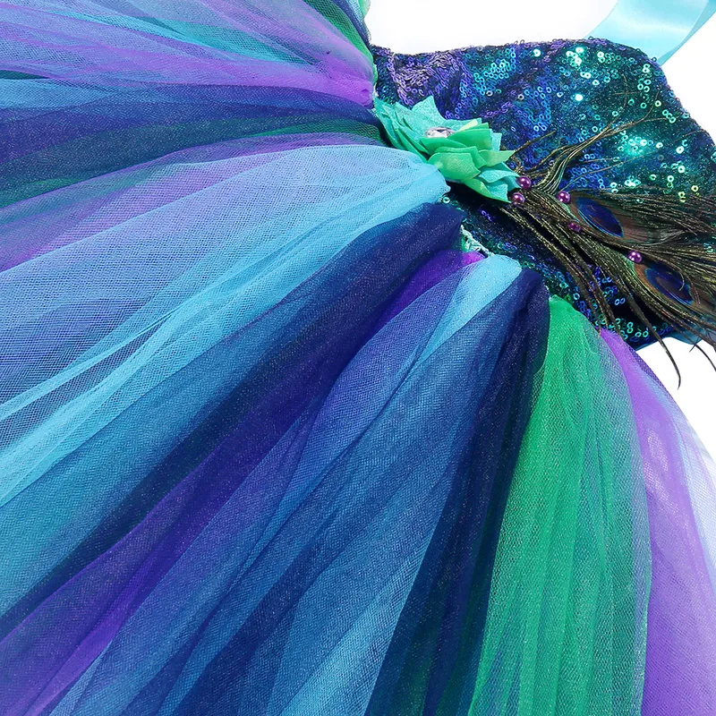 Цветочные перья девушки павлин павлин павлин павч-платье для детей Tulle Princess Peacock Costume для девочек, конкурсный на Хэллоуин день рождения платье 220309