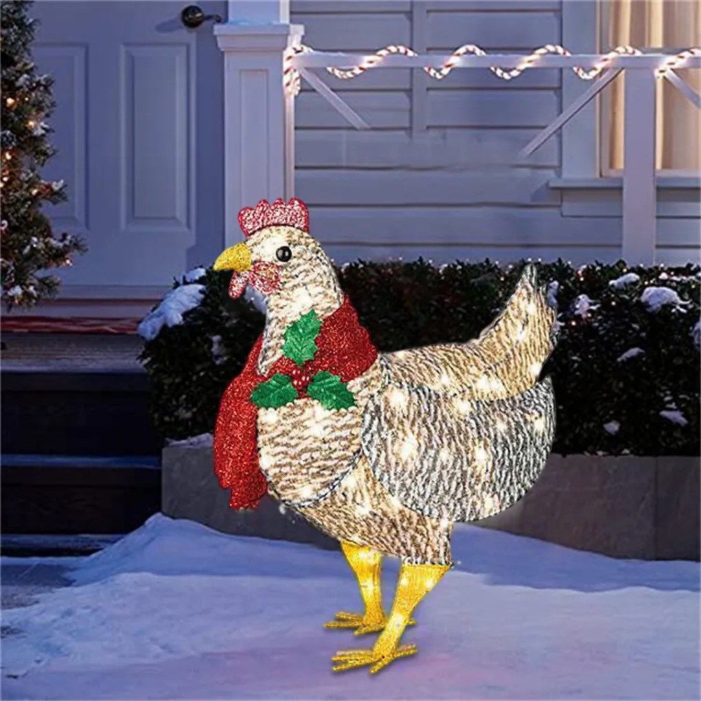 Light-Up Chicken with Scarf Holiday Decoration LED Christmas Outdoor Decorations Metal Ornaments Light Xmas Yard Decorations for Garden Patio Lawn P0721