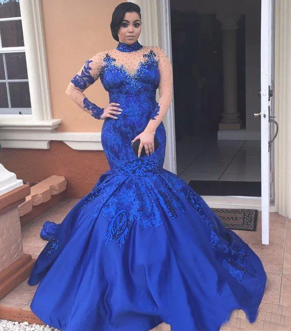 2017 Royal Blue Mermaid Evening Dresses High Neck Long Illusion Sleeves Beaded Prom Gowns With Applique Back Zipper Custom Made Party Gowns