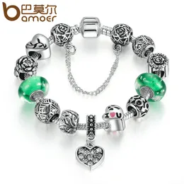 Discount pandora bracelet safety chains Pandora Style Silver Color Green Glass Beads Safety Chain Snake Clasp Heart Pendant Charms Bracelet Women Ethnic Jewelry PA1899