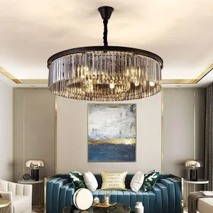 Chandeliers Modern Luxury Crystal Led Chandelier Rectangular/Round Pendant Lamp For Living Dining Room Villa Black Ceiling Hanging Light