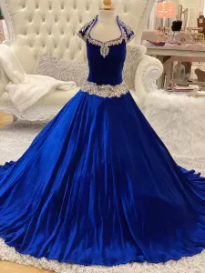 Royal-Blue Velvet Pageant Dresses for Infant Toddlers Teens Cap Sleeve ritzee roise Ball Gown Long Little Girl Formal Party Gowns Keyhole Back Beading Crystals CG001