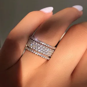 Elegant Silver Color Rhinestone Diamond Ring with Side Stones For Women Wedding Engagement Full Zircon Finger Rings Jewelry Gifts