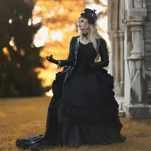 2022 Vintage Medieval Victorian Black Ball Gown Wedding Dresses For Women Gothic Pleats Corset Wedding Gowns With Long Sleeve Jacket Royal Bridal Dress Custom made
