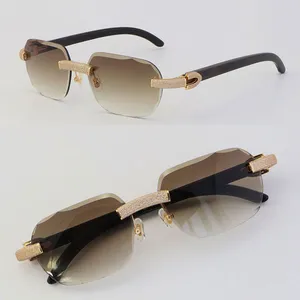 2022 New Black Buffalo Horn Sunglasses Rimless Micro-paved Diamond set Sun glasses Men Women with C Decoration Rocks Wire frame glasses male and female Vintage