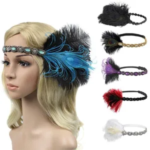 Hair Accessories Black Rhinestone Beaded Sequin Band 1920s Vintage Gatsby Party Headpiece Women Flapper Feather Headband