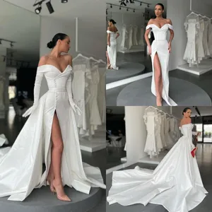 Elegant Satin Mermaid Side Split Wedding Dresses Bride Gowns 2024 Off The Shoulder Long Sleeve Nigerian vestido de novia