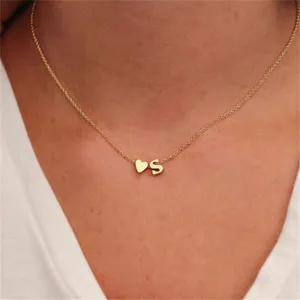 Fashion Tiny Heart Initial Necklace Gold Silver Color Stainless Steel Letter Name Choker Necklace For Women Pendant Jewelry Gift H1125