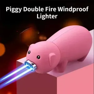 New Cute Piggy Butane Windproof 2 Jet Lighter Torch Turbine Personality Cigarette Accessories Gas Inflated Lighters Fun Gadgets Bar