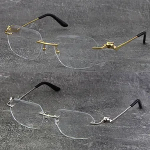 New Metal Classic Rimless Optical Reading Frames Square Eyeglasses 18K Gold Frame Glasses Men Myopic Oblique Angled Eyewear Male and Female Size:58