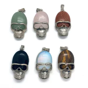 Skeleton Natural Crystal Stones Skull Charms Round Tiger eye black onyx Rose Quartz Stone Ball Charm Beads Pendants for Jewelry Making