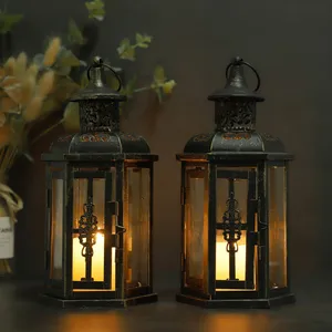 2Pcs Vintage Candle Holder Lanterns 10 Inch High Decorative Hanging Lantern Metal Candleholder Black Home Decor