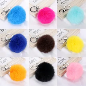 100% Genuine Rabbit Fur Key Chains Rabbit Fur Ball Pendant With 8CM Silvery Zine Alloy Chain Bag Pendant Car Key Chain