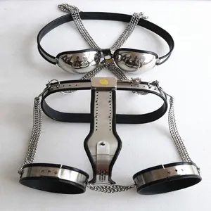 Female Chastity Belt+Bra+Thigh Rings Slave Sex BDSM Stainless Steel Bandage Restraints Harness Belt Sex Toy for Women G7-5-18