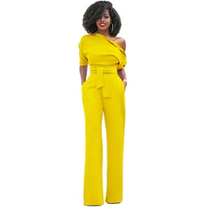 Women Jumpsuits Sexy Off One Shoulder Elegant Ladies Rompers Short Sleeve Female Overalls Black Red Yellow Blue Plus Size Xxl Y19051501