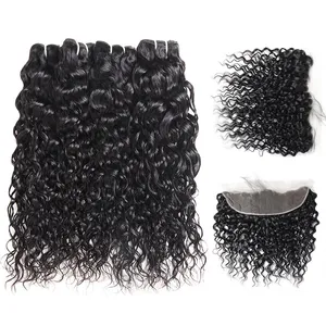 Ishow Indian Human Hair Bundles Weft Wholesale Peruvian Brazilian Virgin Hair Extensions Water Wave 4pcs 8-28inch With Lace Frontal Closure for Women Jet Black