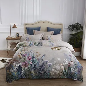 100% Egyptian Cotton Bedding Set Queen King Size 4Pcs Birds and Flowers Leaf Pattern Gray Shabby Duvet Cover Bed Sheet Pillow Shams