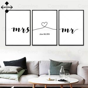 Anniversaire de mariage impression personnalisée peinture lettres nordiques Date mur Art toile photo pour amoureux cadeau significatif pour la décoration intérieure 220623