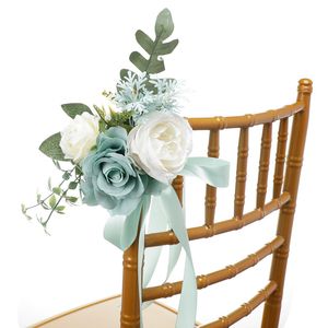 Décorations de dossier de banc de chaise de mariage, Bouquet de roses artificielles, décor de lieu d'allée, blanc bleu W58634