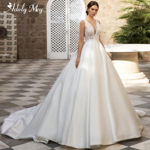 Robe de mariée Adoly Mey Luxe Perles Appliques A-ligne 2022 Sexy Col En V Bouton Satin Court Train Vintage Robe De Mariée Grande Taille