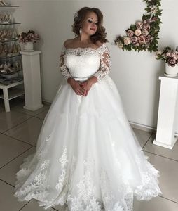 Vestido de novia Vestidos de encaje transparentes de talla grande vintage con cinturón de manga larga Faja Una línea Vestido de novia de matrimonio rural Tren de barrido recortado