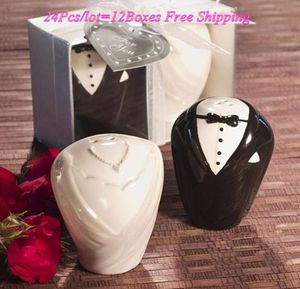 Mariage Favor Bride and Groom Salt Pepper Shakers For Black Blanc Gift Favors Douche Bridal Party décorations 24pcs12boxeslot5398763