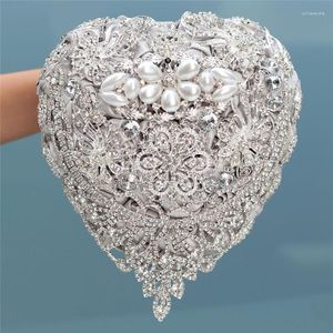 Fleurs De Mariage 18 cm Argent De Luxe Strass Plein Diamant Bouquets De Mariée En Forme De Coeur Bouquet Fleur Artificielle W520