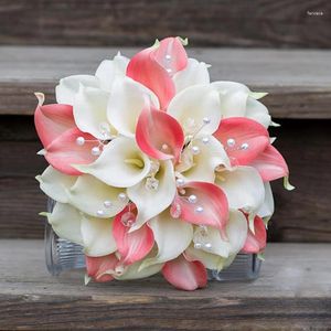 Flores de boda Artificial Calla Flower Bouquet Pink Lily 2 colores Perlas Novia Bouque De Novia