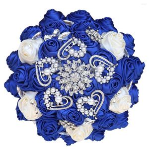 Flores de boda hermosos diamantes de imitación novia dama de honor broche ramo azul real Diy perla diamante satén rosa suministros BL001