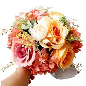 Fleurs de mariage belle romantique colorée artificielle Rose fleur fleur faux Bouquets avec toile de lin enveloppé fête à la maison