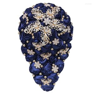 Ramo de flores de boda para novia Tassal Crystal Golden Pearl Ribbon Rose Navy Blue personalizable DIY Props W308