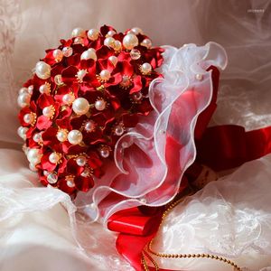 Fleurs de mariage Bordeaux Shell Perle Ivoire Bouquet Eau Faite À La Main Complète Accessoires De Fleurs De Luxe De Mariée
