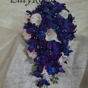 Flores de boda Eillyrosia Blueviolet Picasso Cascade Bouquet Galaxy Orchids White Calla Lily Rhinestones Destino